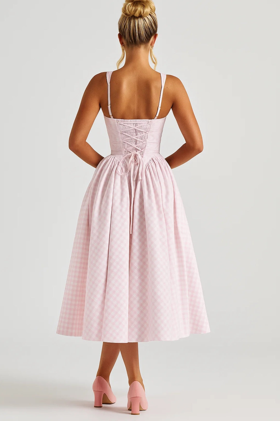Nicolle | Retro Checkered Square-Neck Midi Dress