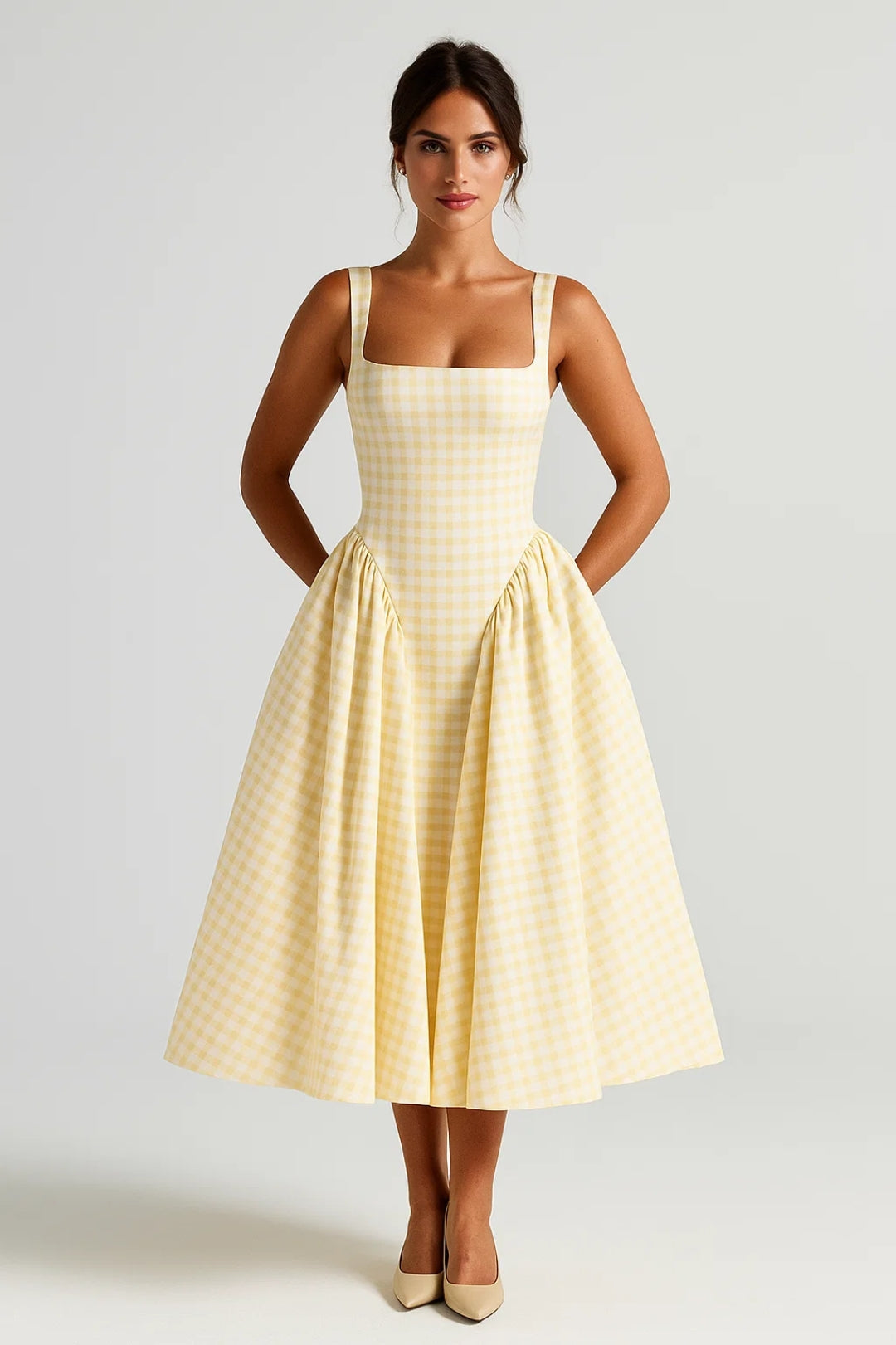 Nicolle | Retro Checkered Square-Neck Midi Dress