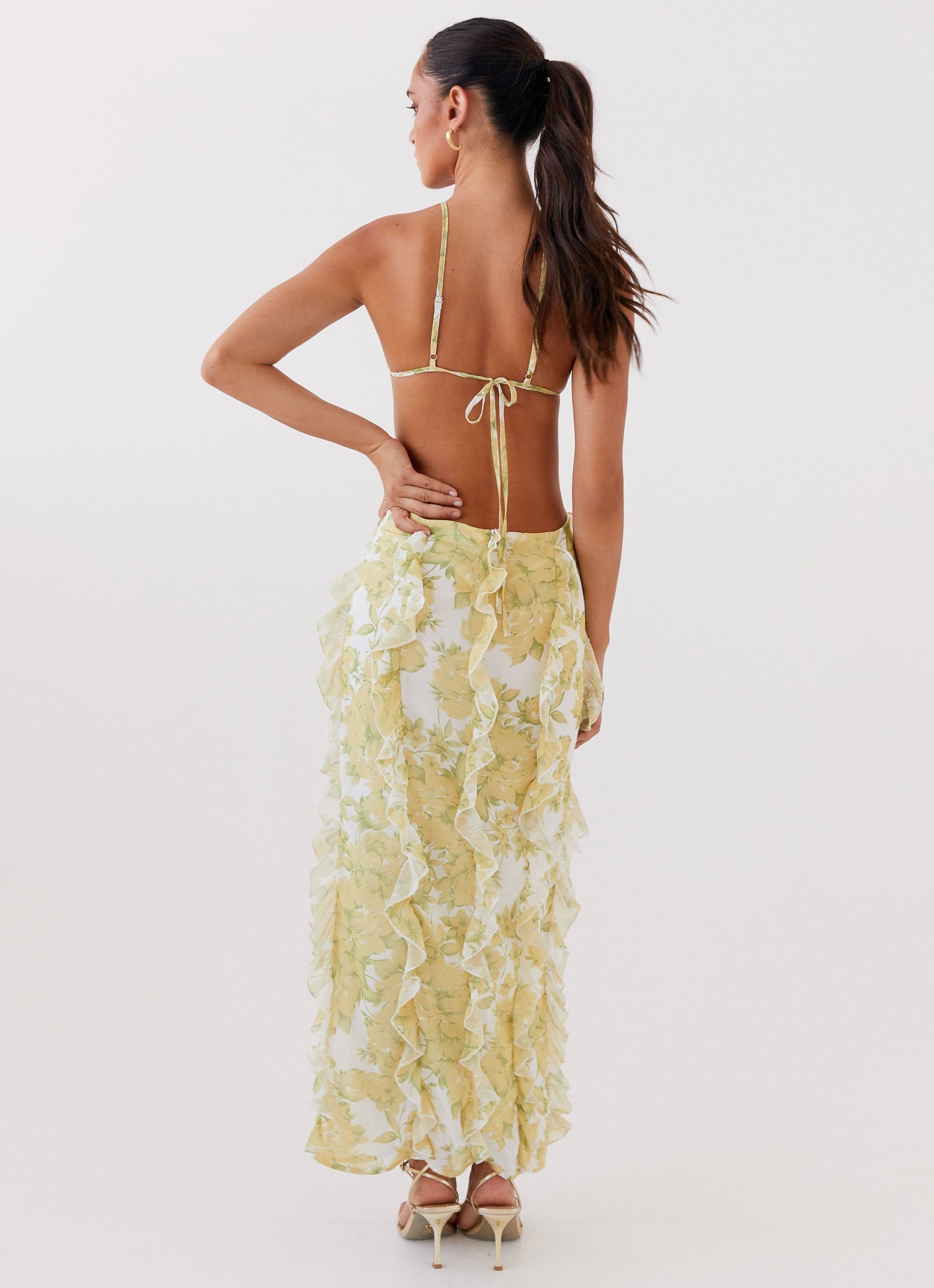 Marly | Side Cut-Out Floral Halter Maxi Dress with Ruffle Detail