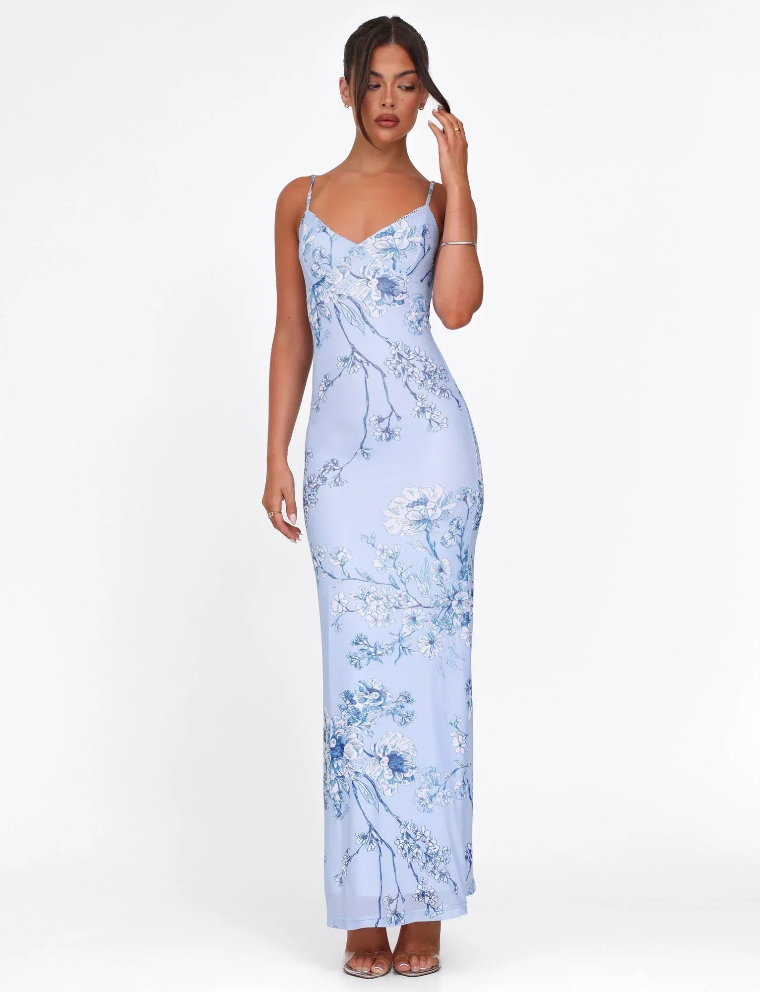 Julie | Elegant Printed Sleeveless Rose Stripe Flowy Maxi Dress