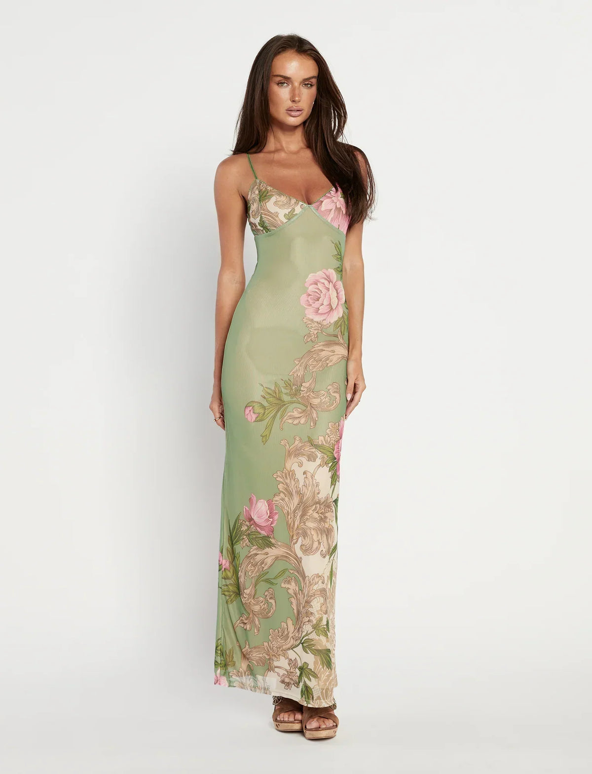 Julie | Elegant Printed Sleeveless Rose Stripe Flowy Maxi Dress