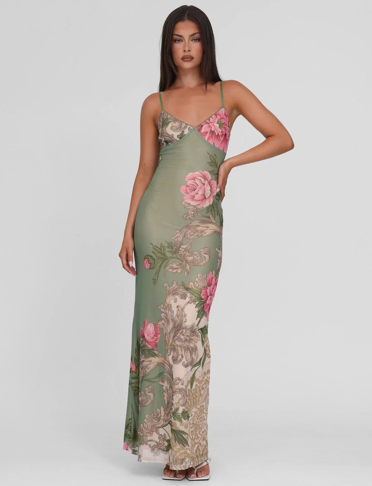 Julie | Elegant Printed Sleeveless Rose Stripe Flowy Maxi Dress