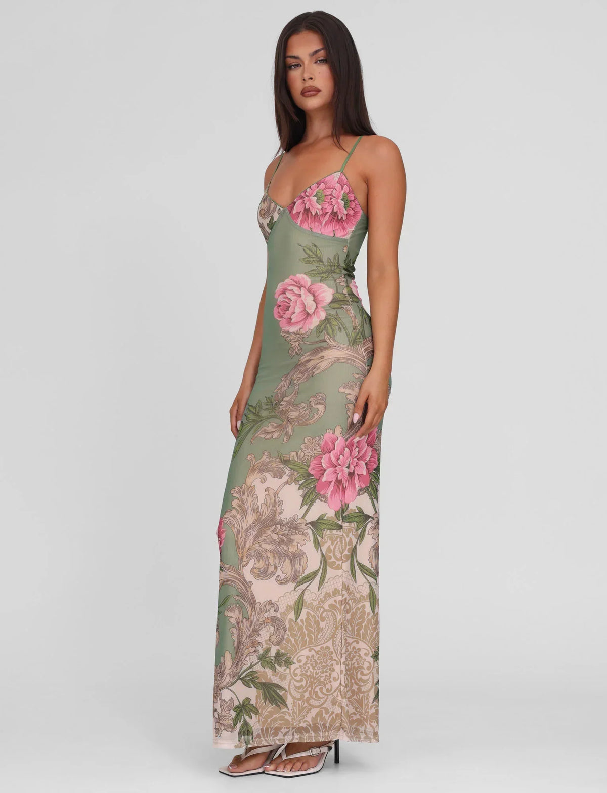 Julie | Elegant Printed Sleeveless Rose Stripe Flowy Maxi Dress
