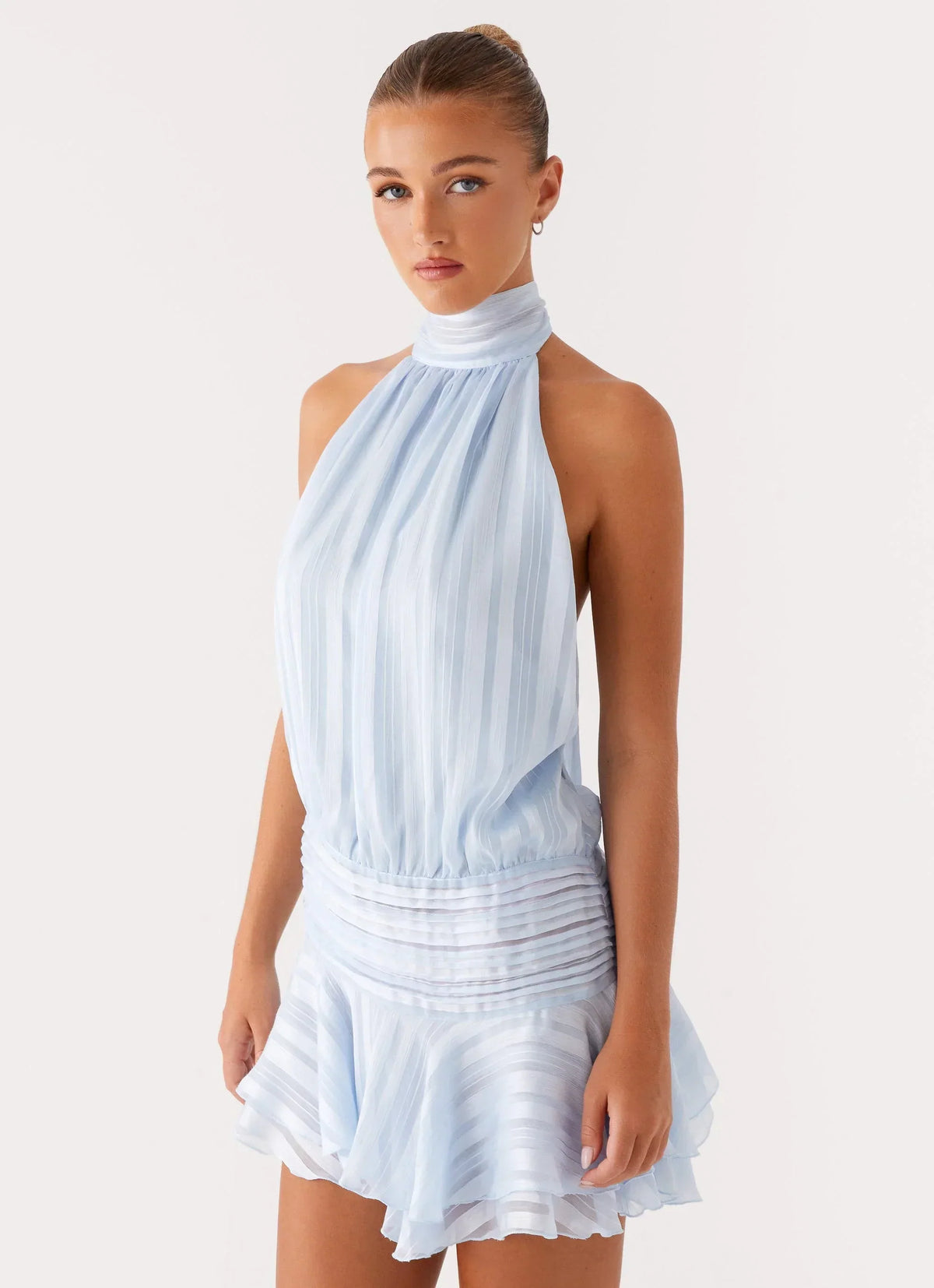 Willow | Open Back Ruffle Hem High-Neck Chiffon Mini Dress
