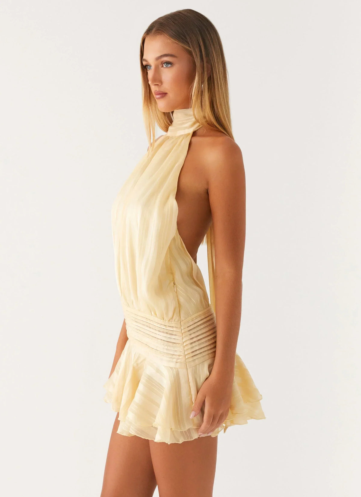 Willow | Open Back Ruffle Hem High-Neck Chiffon Mini Dress