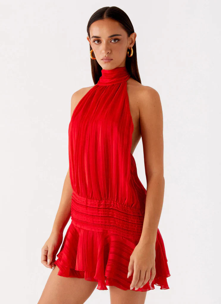 Willow | Open Back Ruffle Hem High-Neck Chiffon Mini Dress