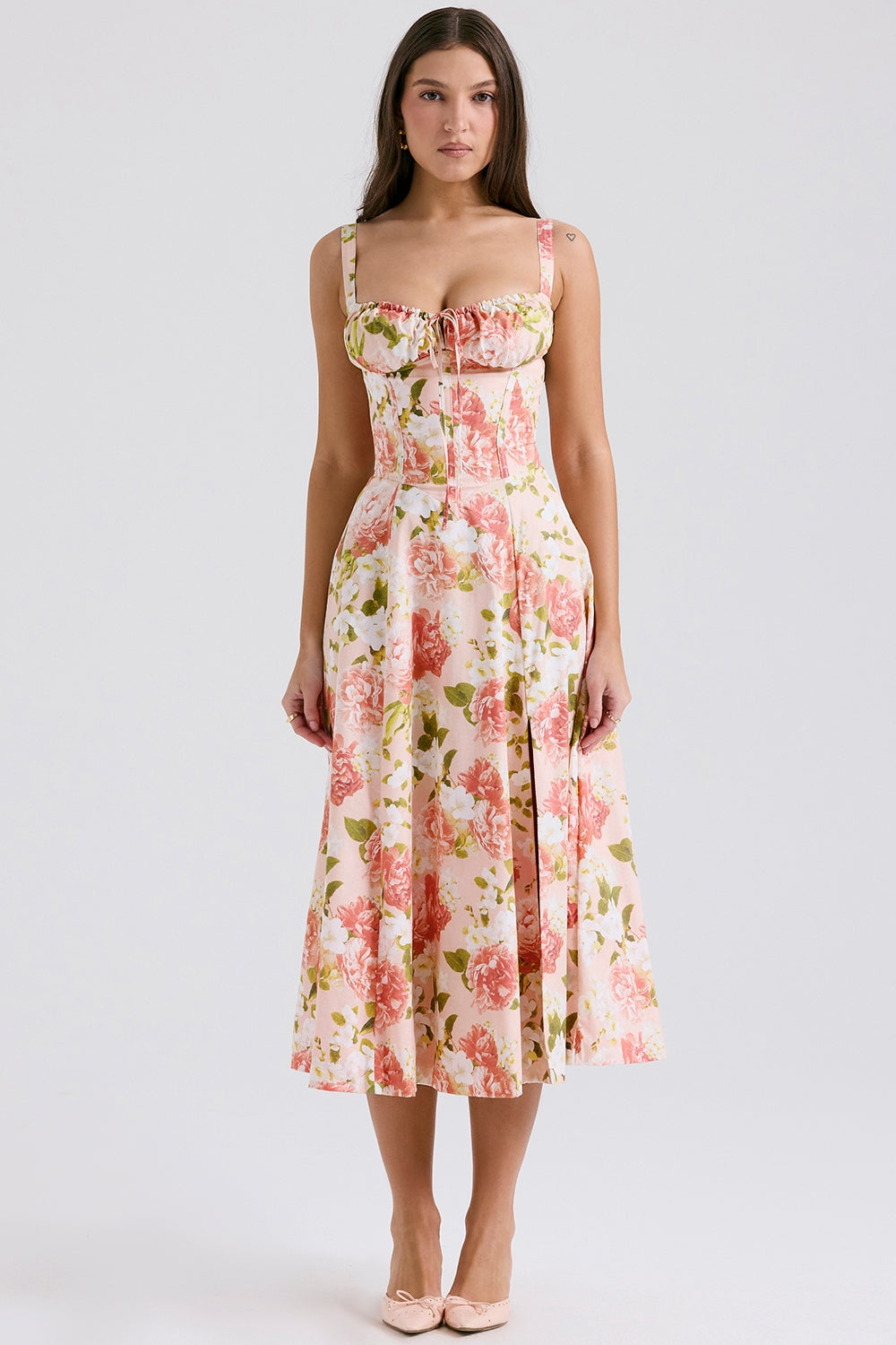 Carmen | Pink Peony Lace Up Back Floral Side Split Midi Dress