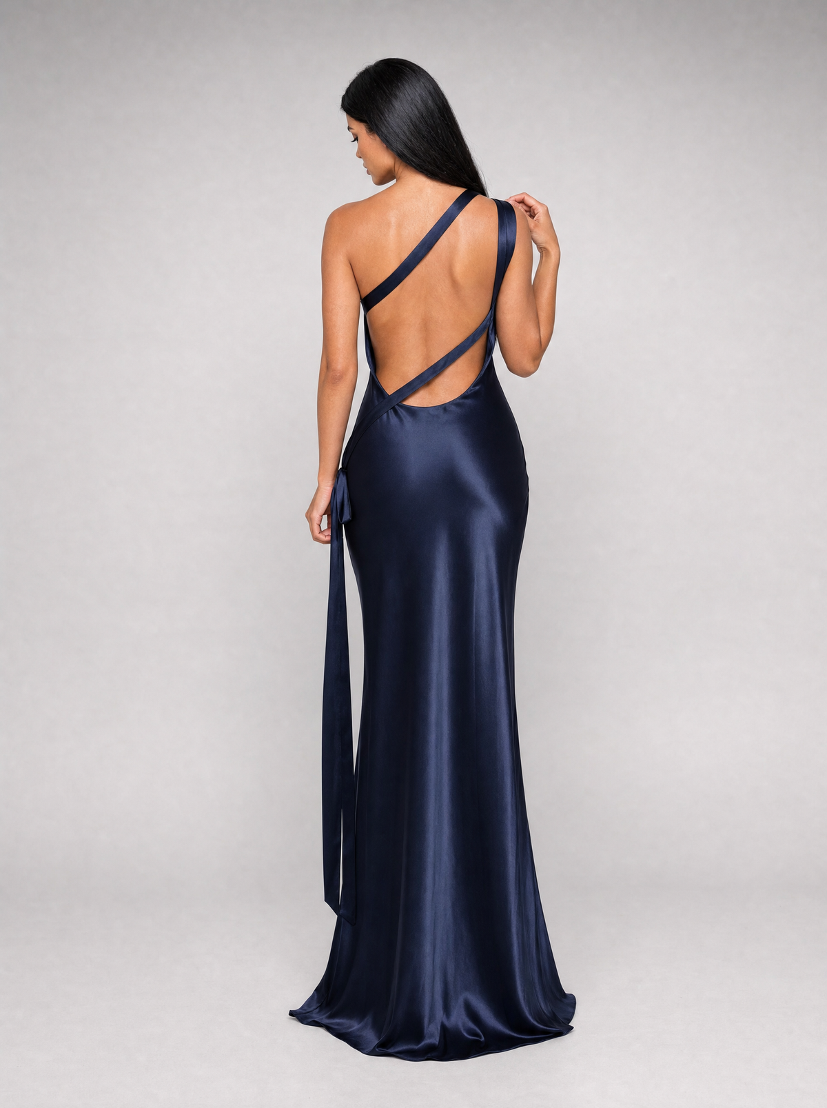 Anouk one-shoulder maxi dress in dark blue satin, back view