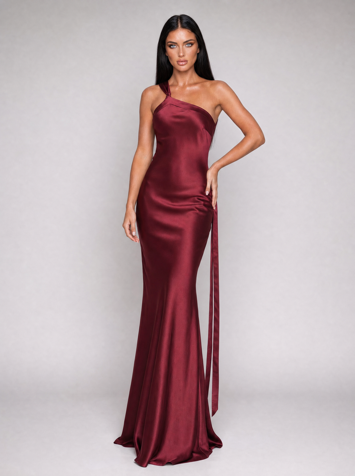 Anouk one-shoulder maxi dress in wine red satin, front view