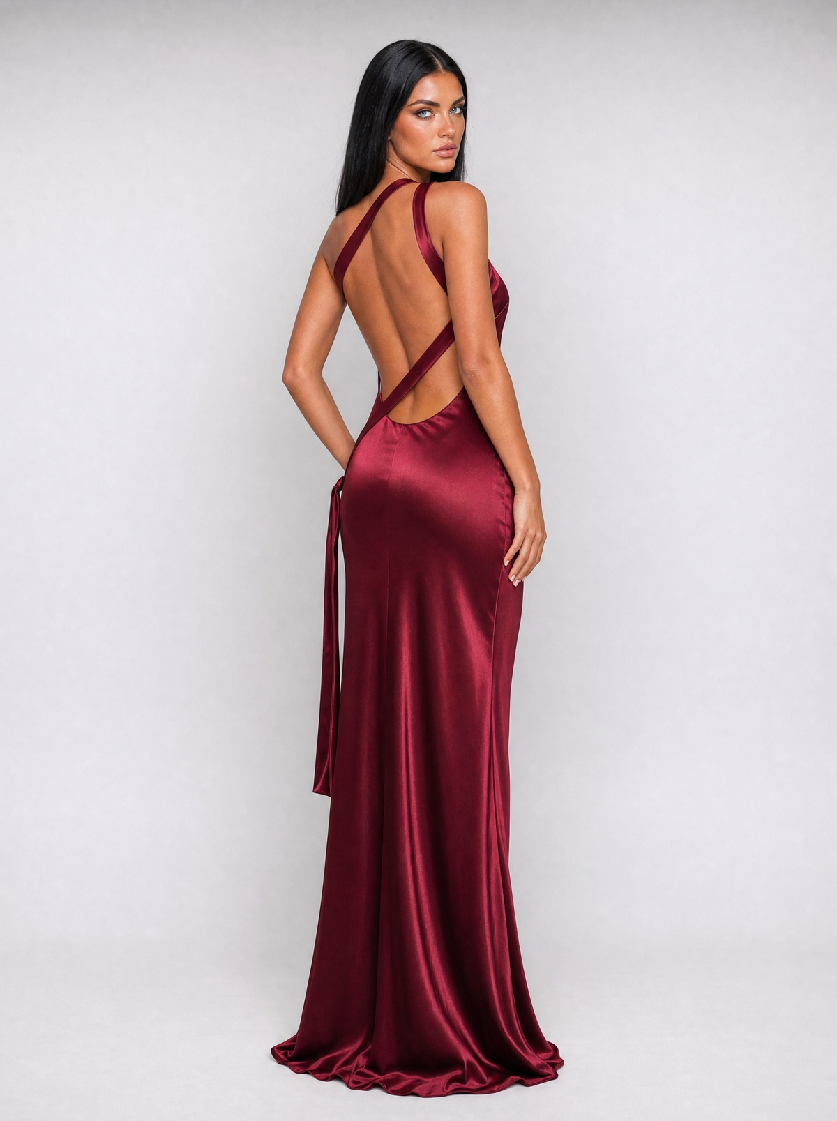 Anouk one-shoulder maxi dress in wine red satin, back view