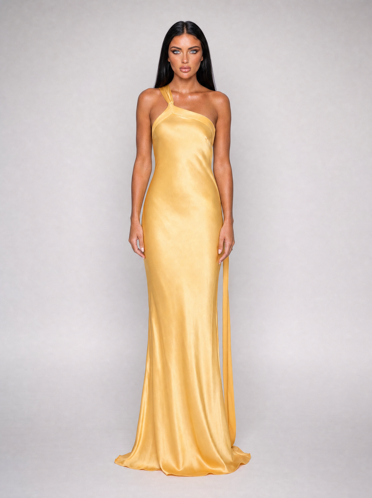Anouk one-shoulder maxi dress in yellow satin, front view