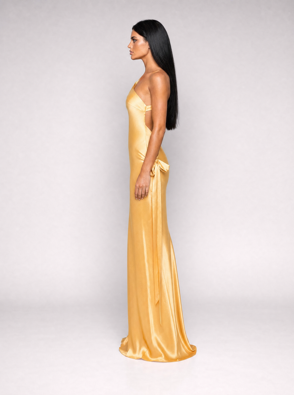 Anouk one-shoulder maxi dress in yellow satin, side view