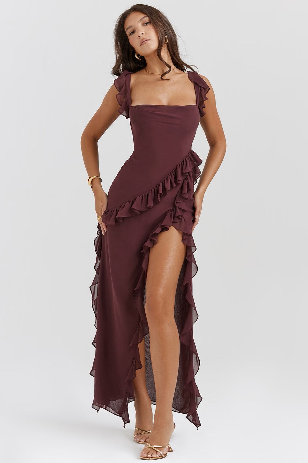 Soho | Square Neck Thigh-High Slit Ruffle Side Maxi Dress