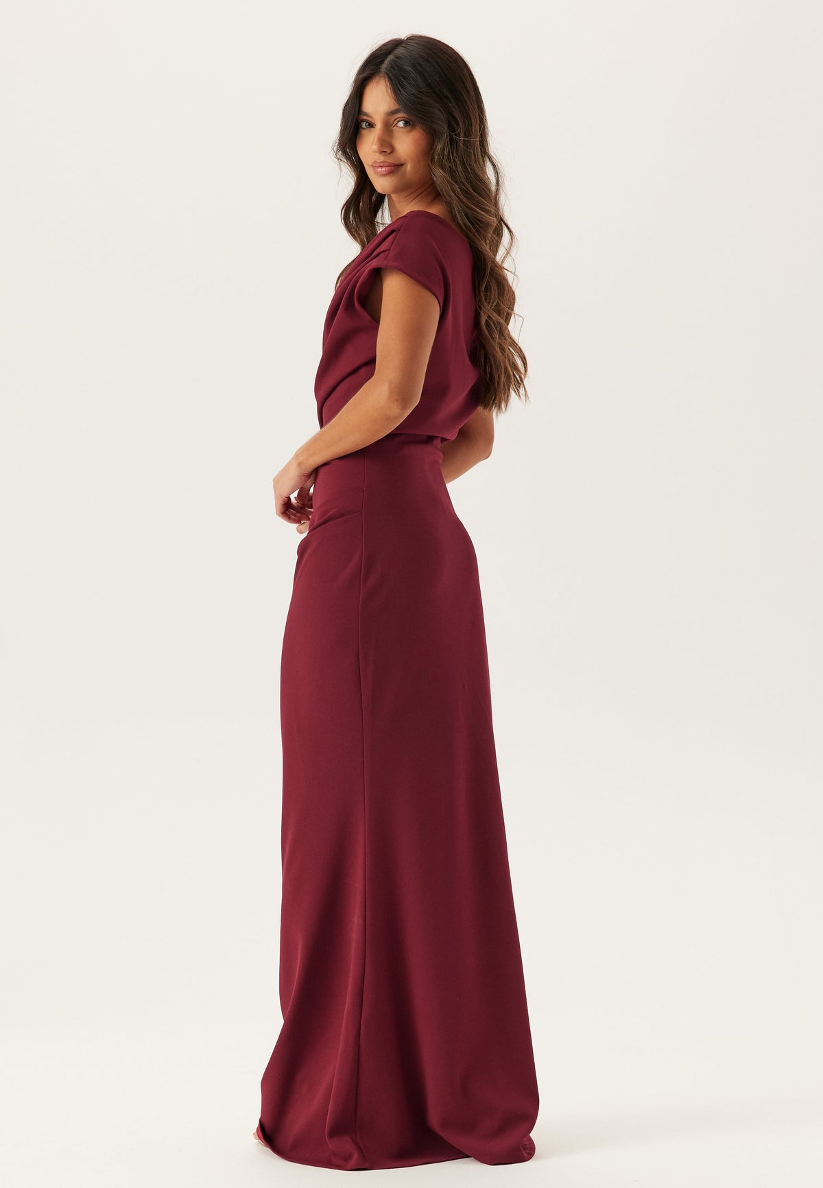 Kiara | Burgundy One-Shoulder Draped Maxi Dress