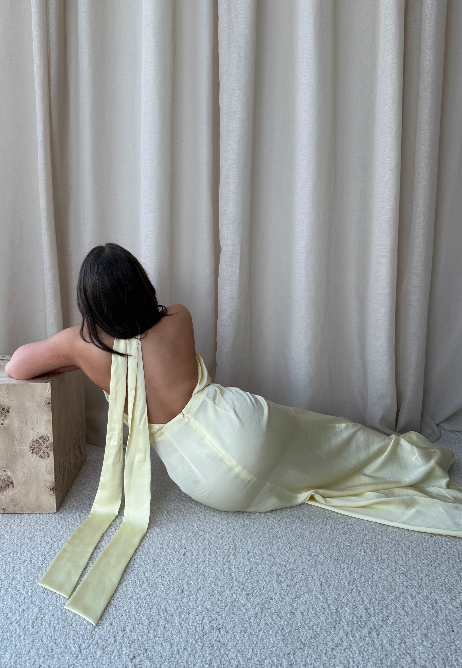 Lola | Buttery Yellow Halterneck Satin Maxi Dress