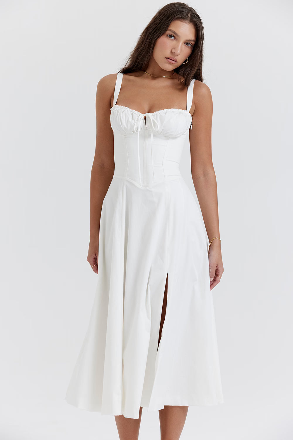 Carmen | Ruched Bodice with High Slit Midi Dress