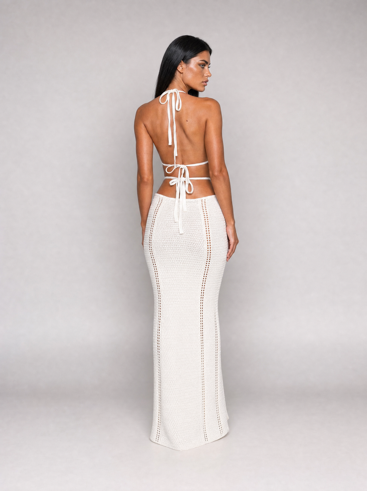 Delphine halter maxi dress in white, back view with ties