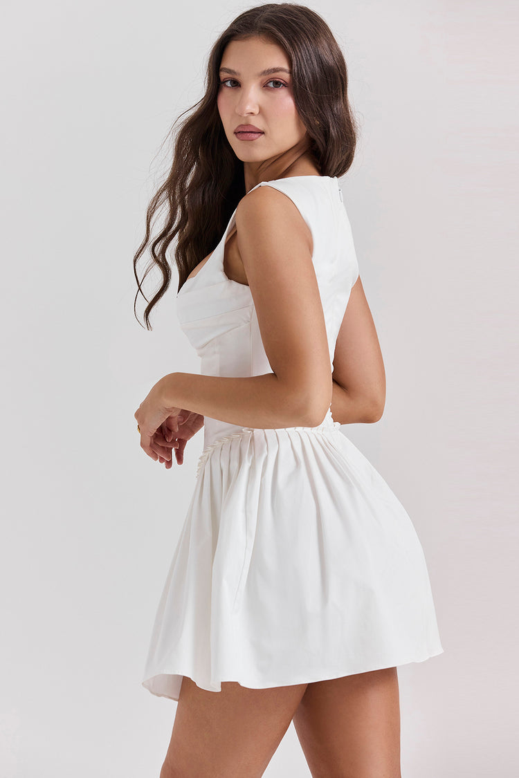 Cupido | White Stretch Twill Mini Dress – Romantic Tulle Layered Date Night Gown