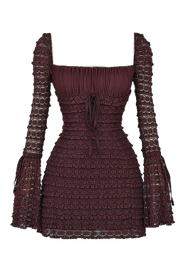 Marisa | Rich Brown Floral Lace Drawstring Bust Mini Dress