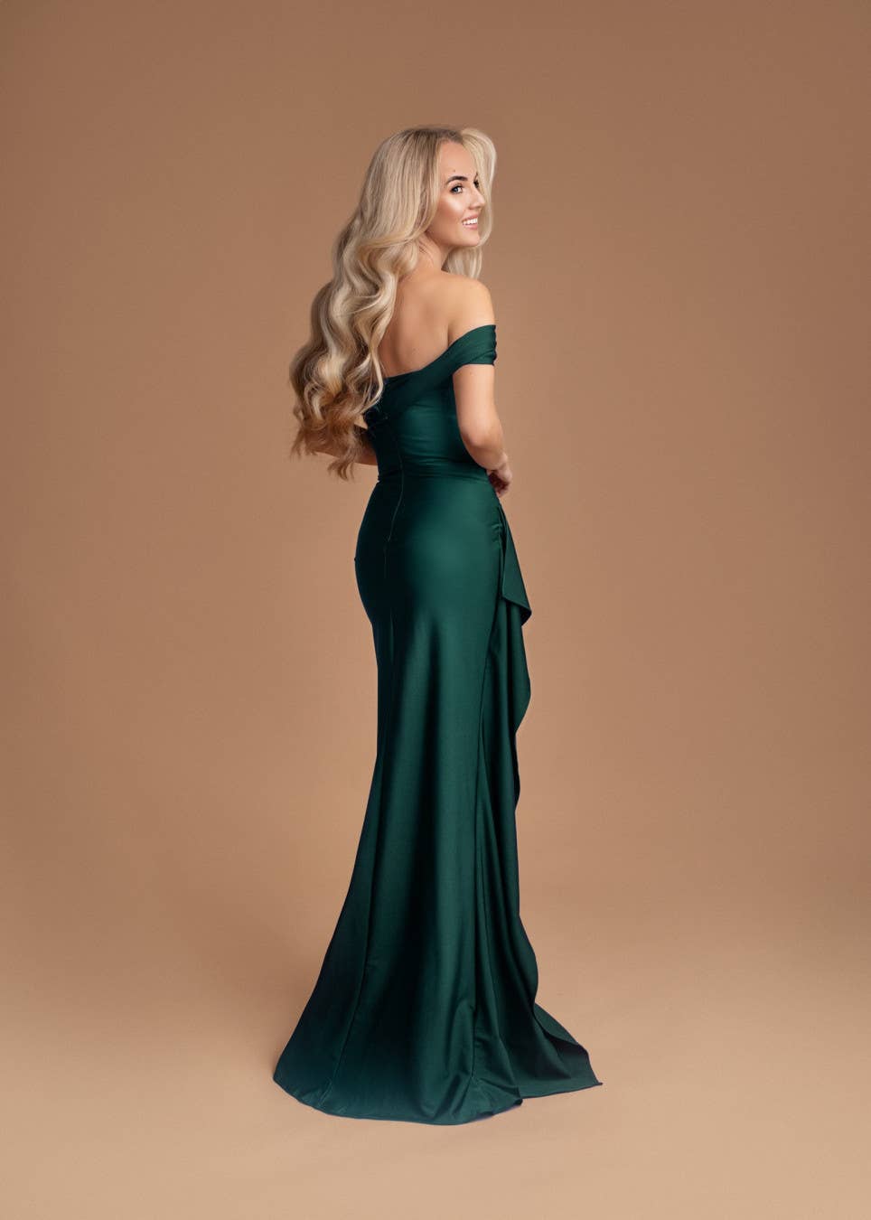 Vivienne off-shoulder satin maxi dress in emerald