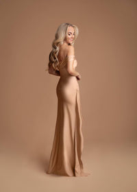 Vivienne off-shoulder satin maxi dress in champagne