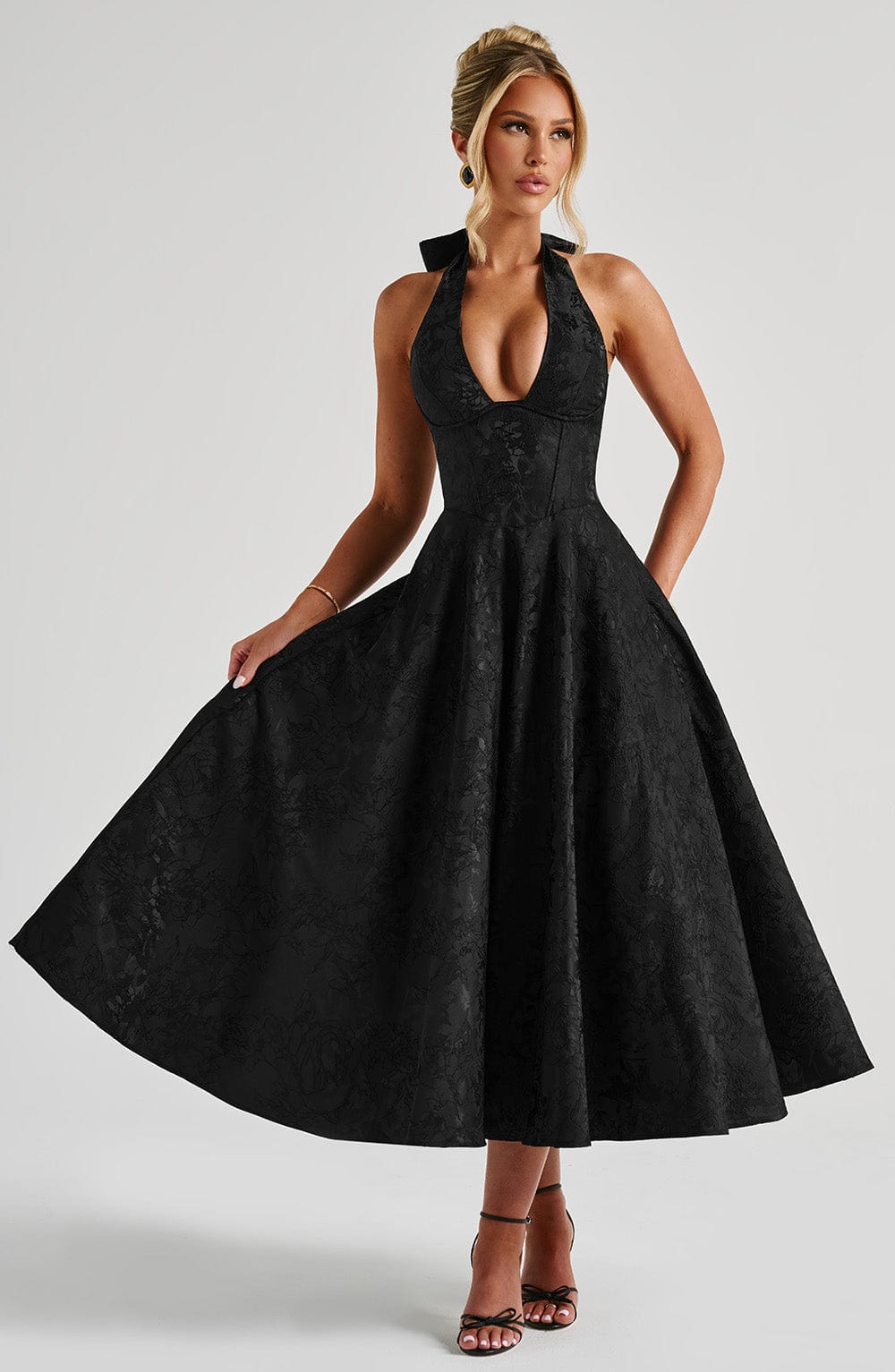 Rosie | Floral Jacquard Halter Midi Dress