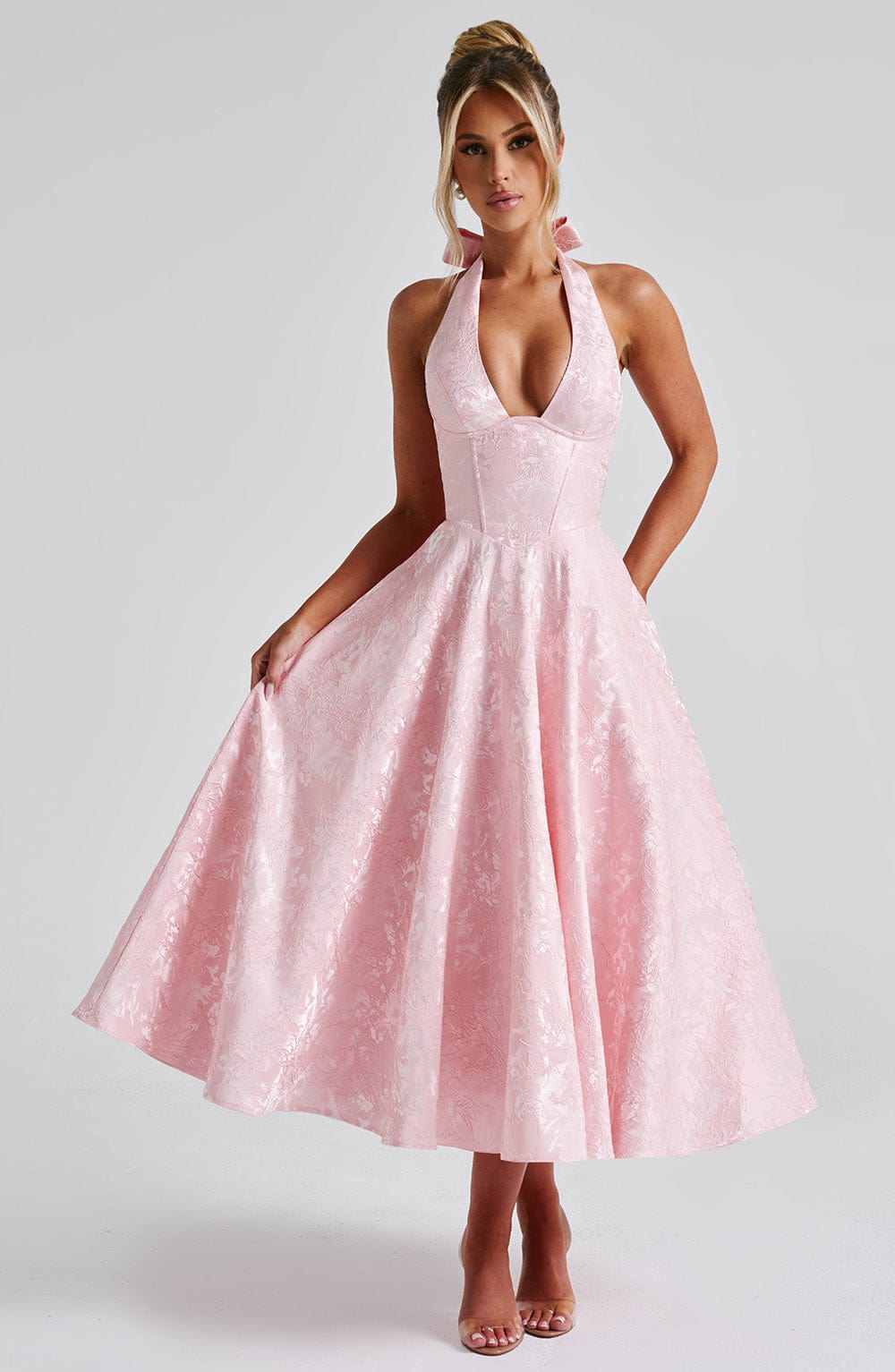 Rosie | Floral Jacquard Halter Midi Dress