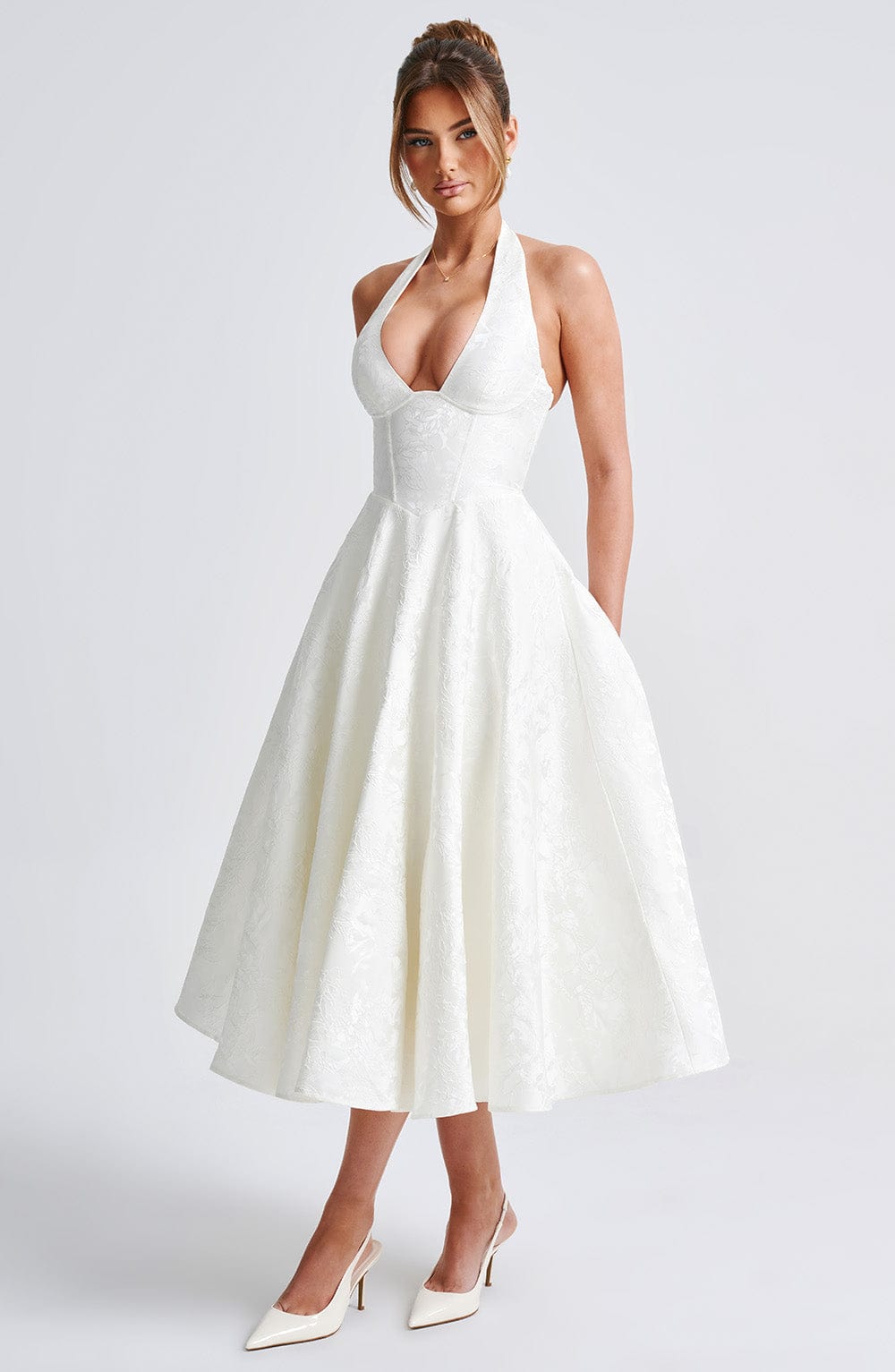 Rosie | Floral Jacquard Halter Midi Dress