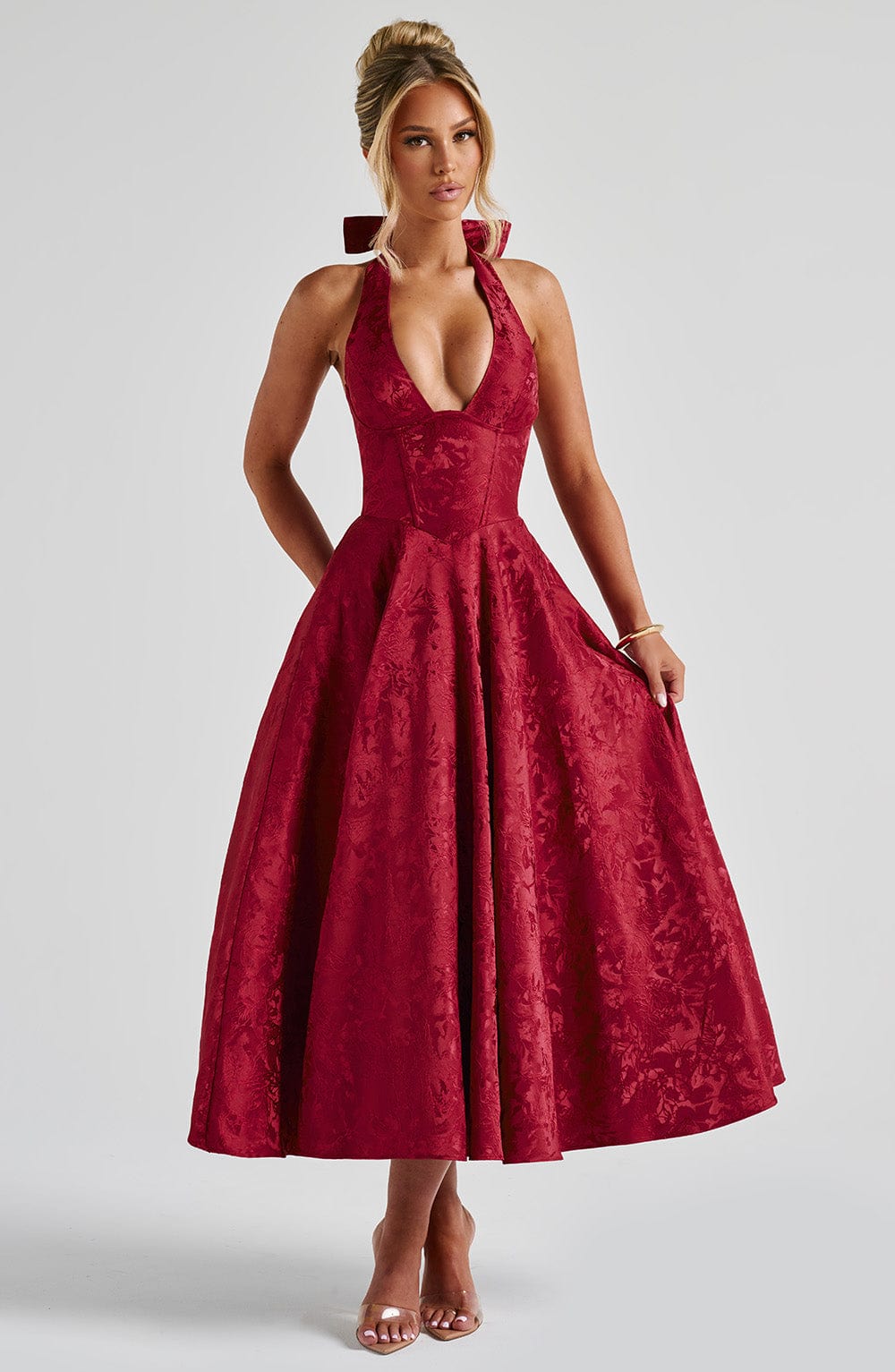 Rosie | Floral Jacquard Halter Midi Dress