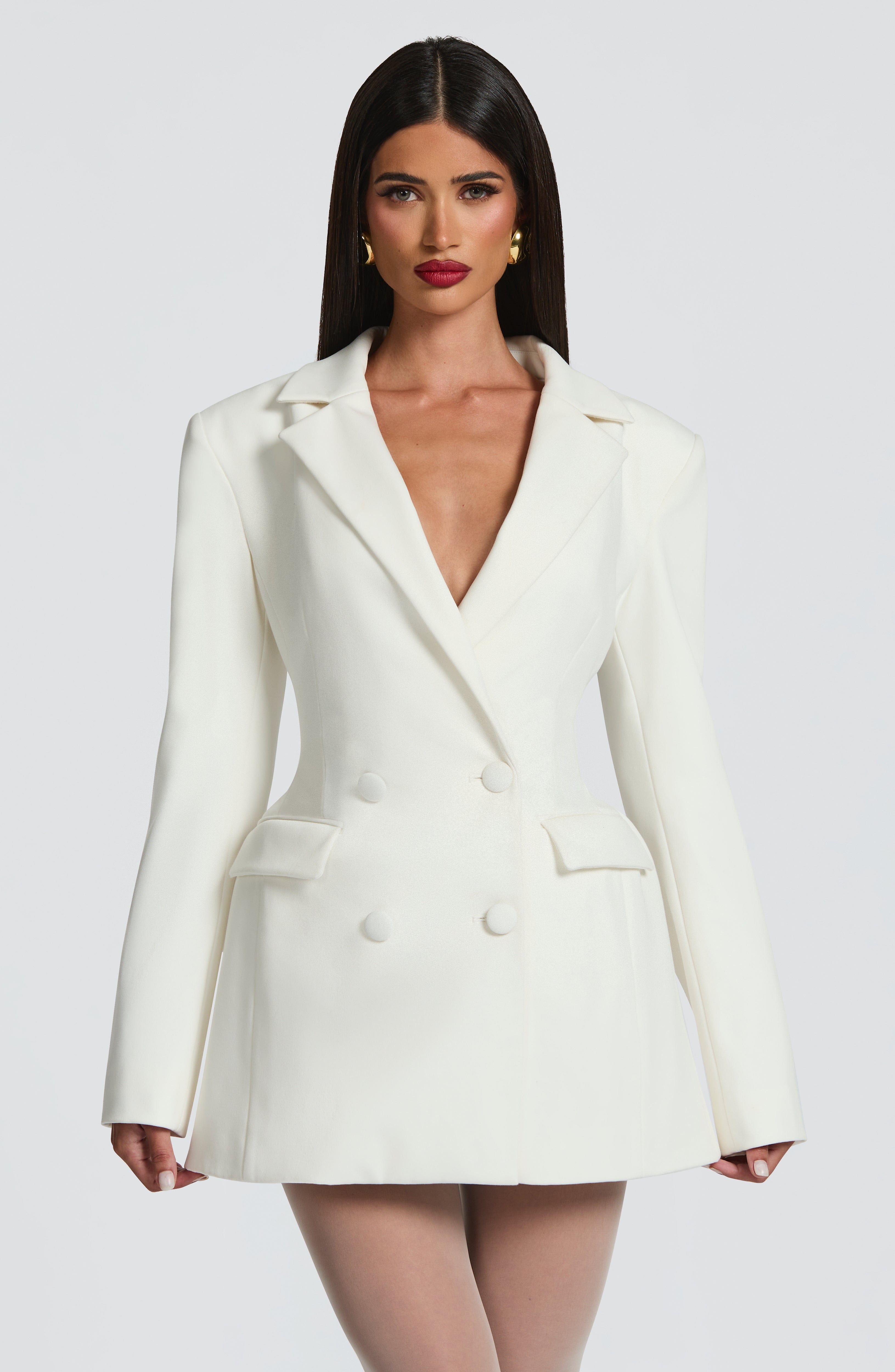 Casey | Structured Sharp Shoulder Plunge Choker Tailored Mini Dress