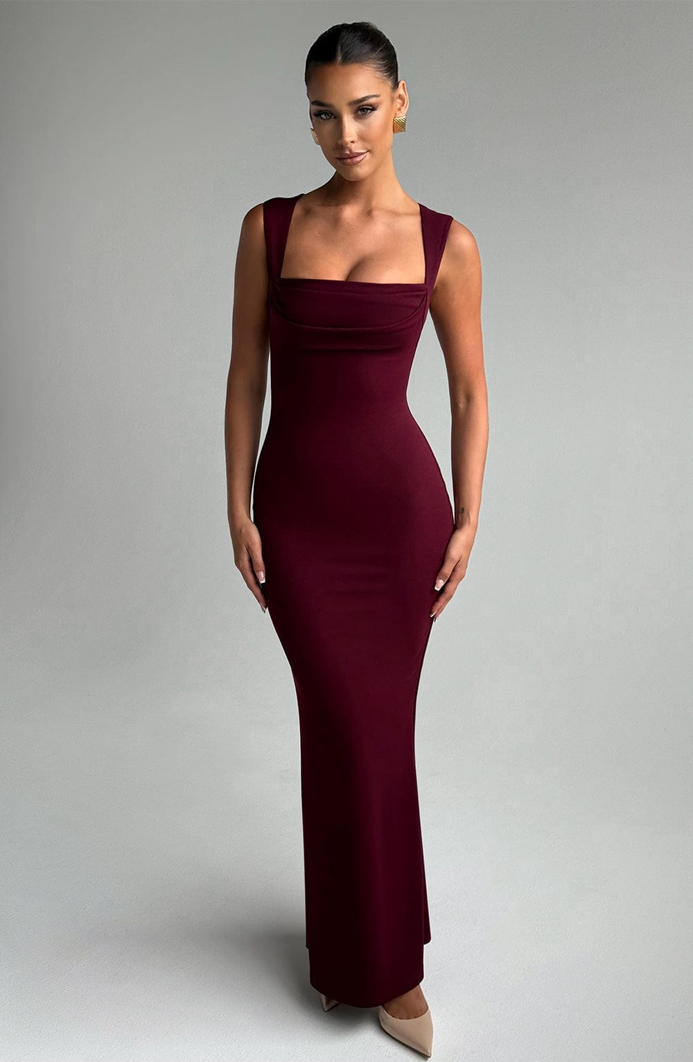 Grace | Burgundy Square Neckline Sculpting Maxi Dress