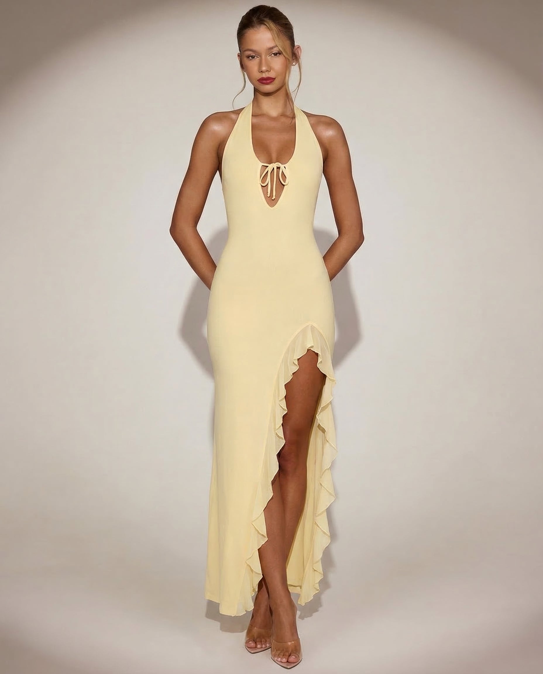 Shelly | Plunging Backless Maxi Dress with Ruffle Trim