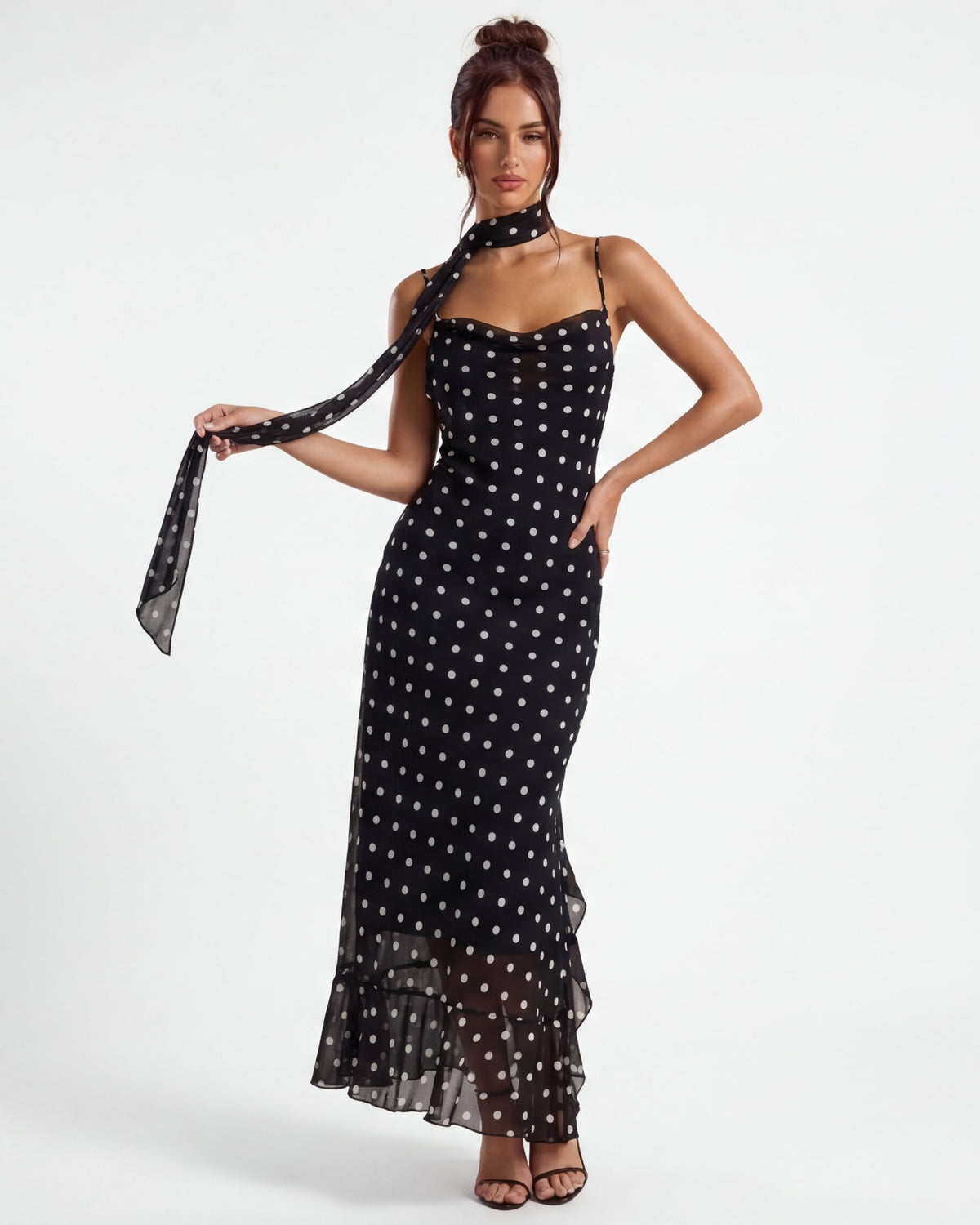 Noir | Polka Dot Maxi Dress Body-Skimming Silhouette with Sheer Hem