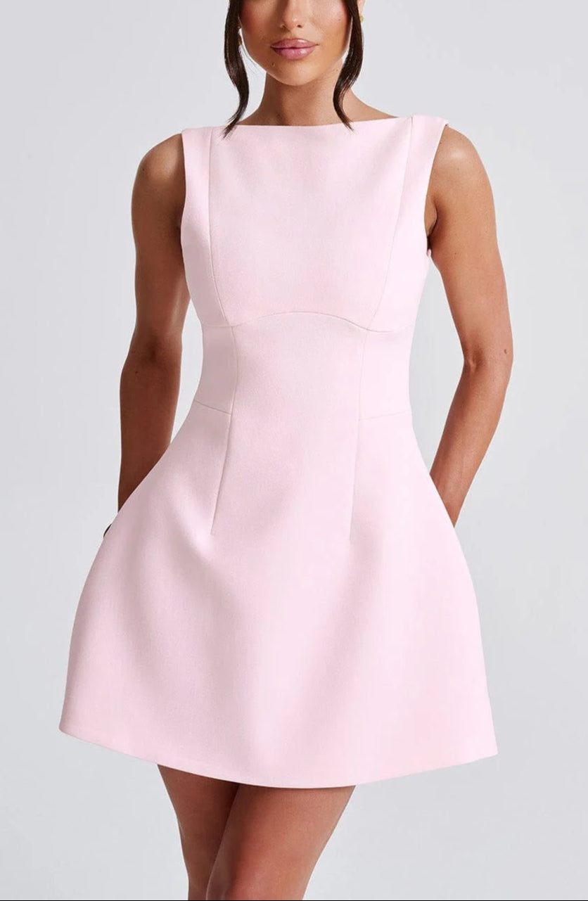 Delphine | High Boat Neck Bubble Skirt Mini Dress