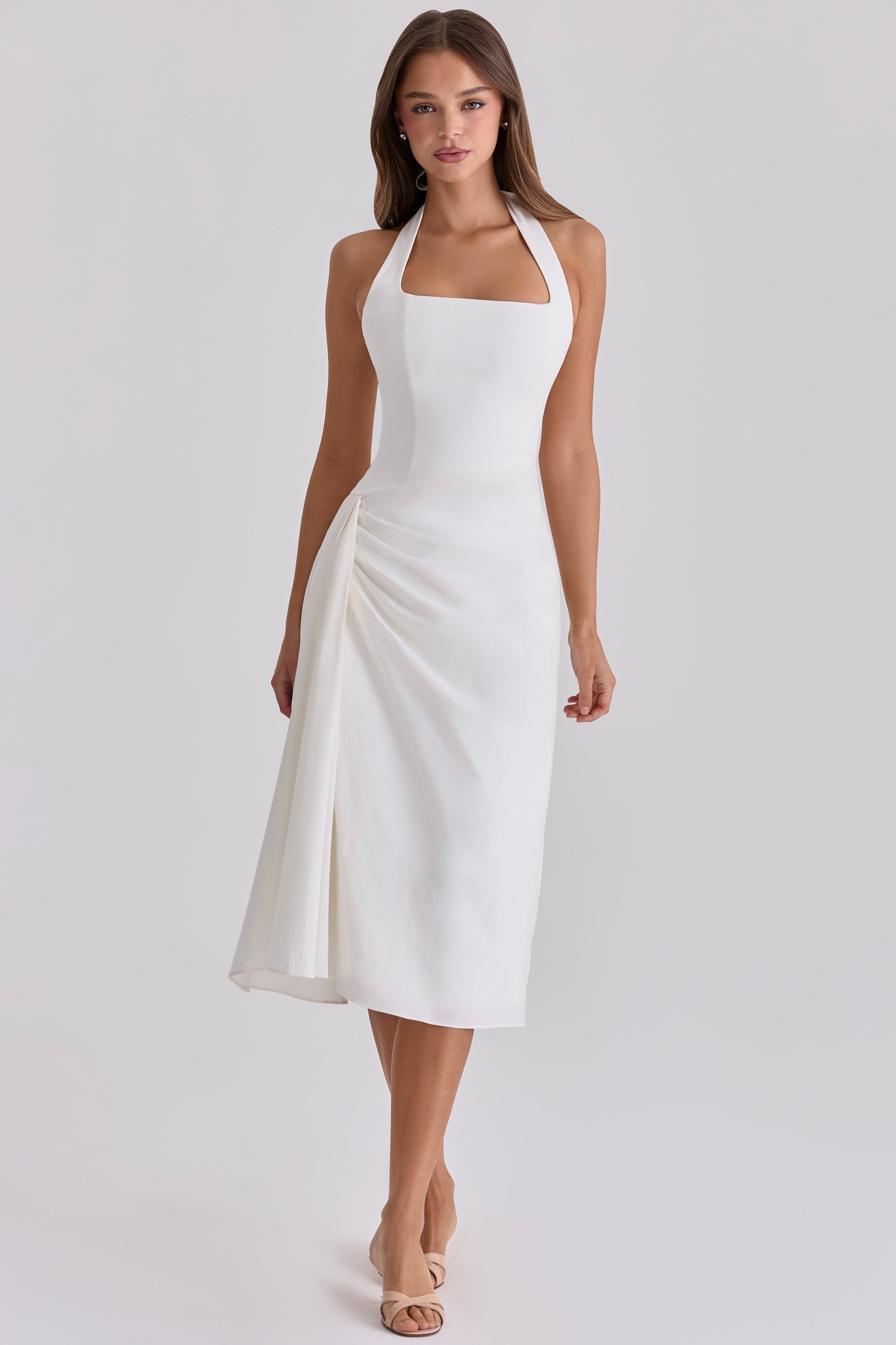 Eef | White Sculpted Stretch Cotton Midi Dress