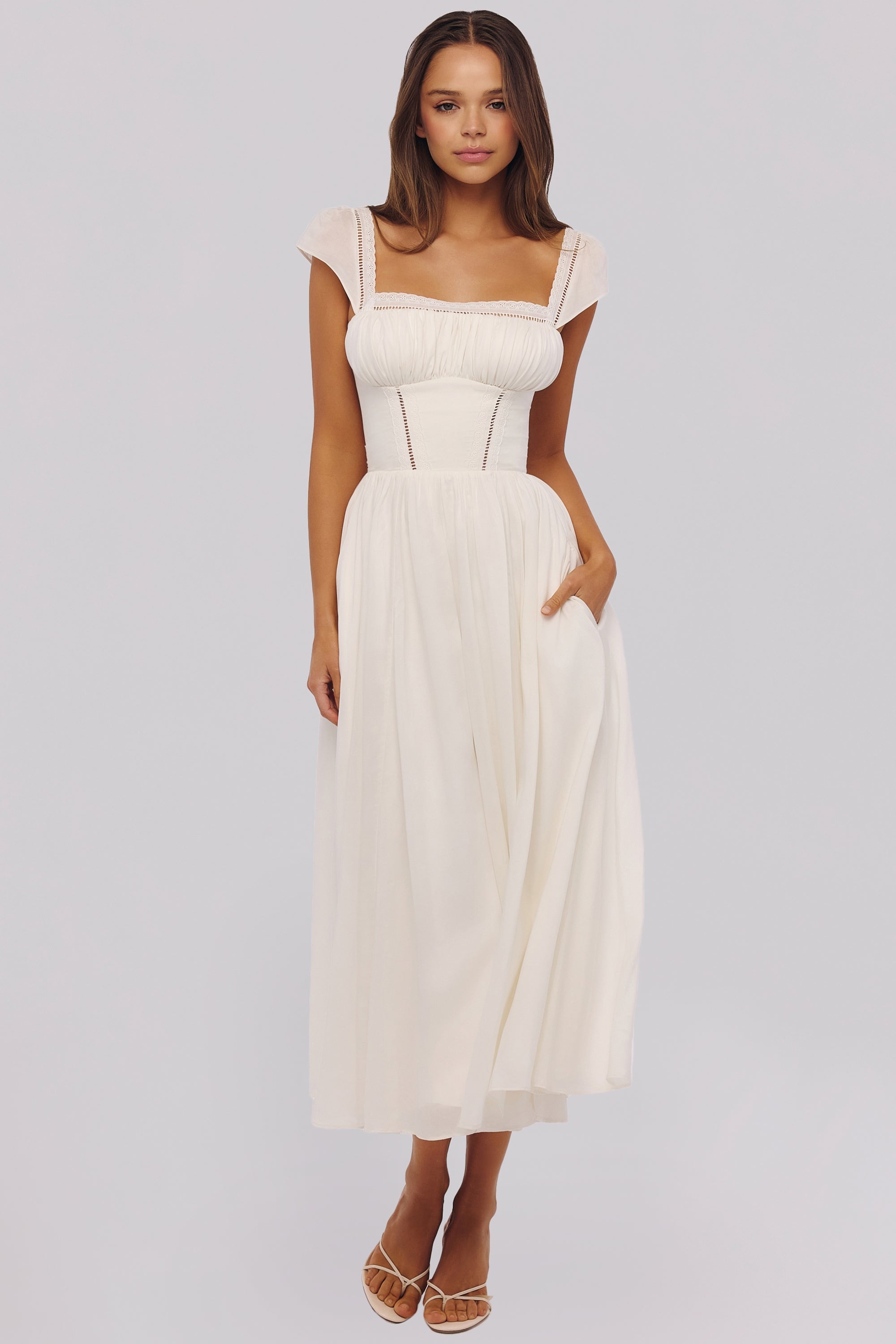 Eef | White Sculpted Stretch Cotton Midi Dress