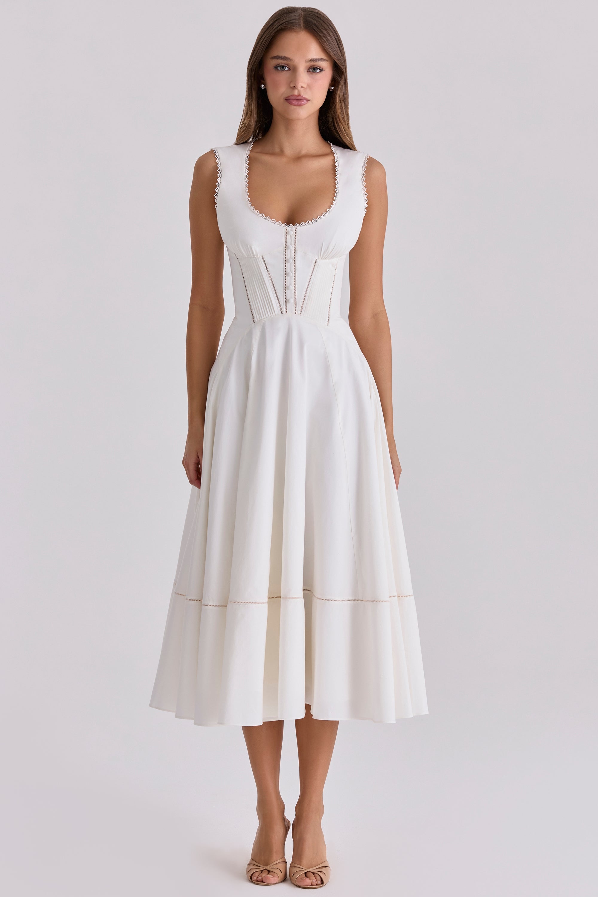 Eef | White Sculpted Stretch Cotton Midi Dress