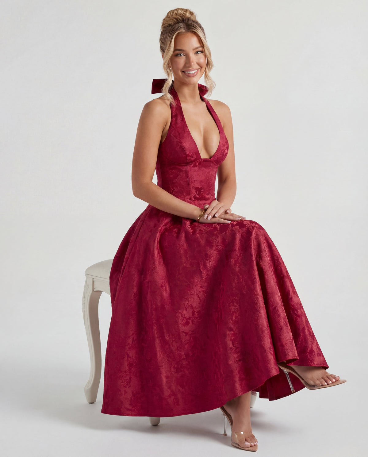 Evelyn | Halterneck Bustier Textured Jacquard Midi Dress