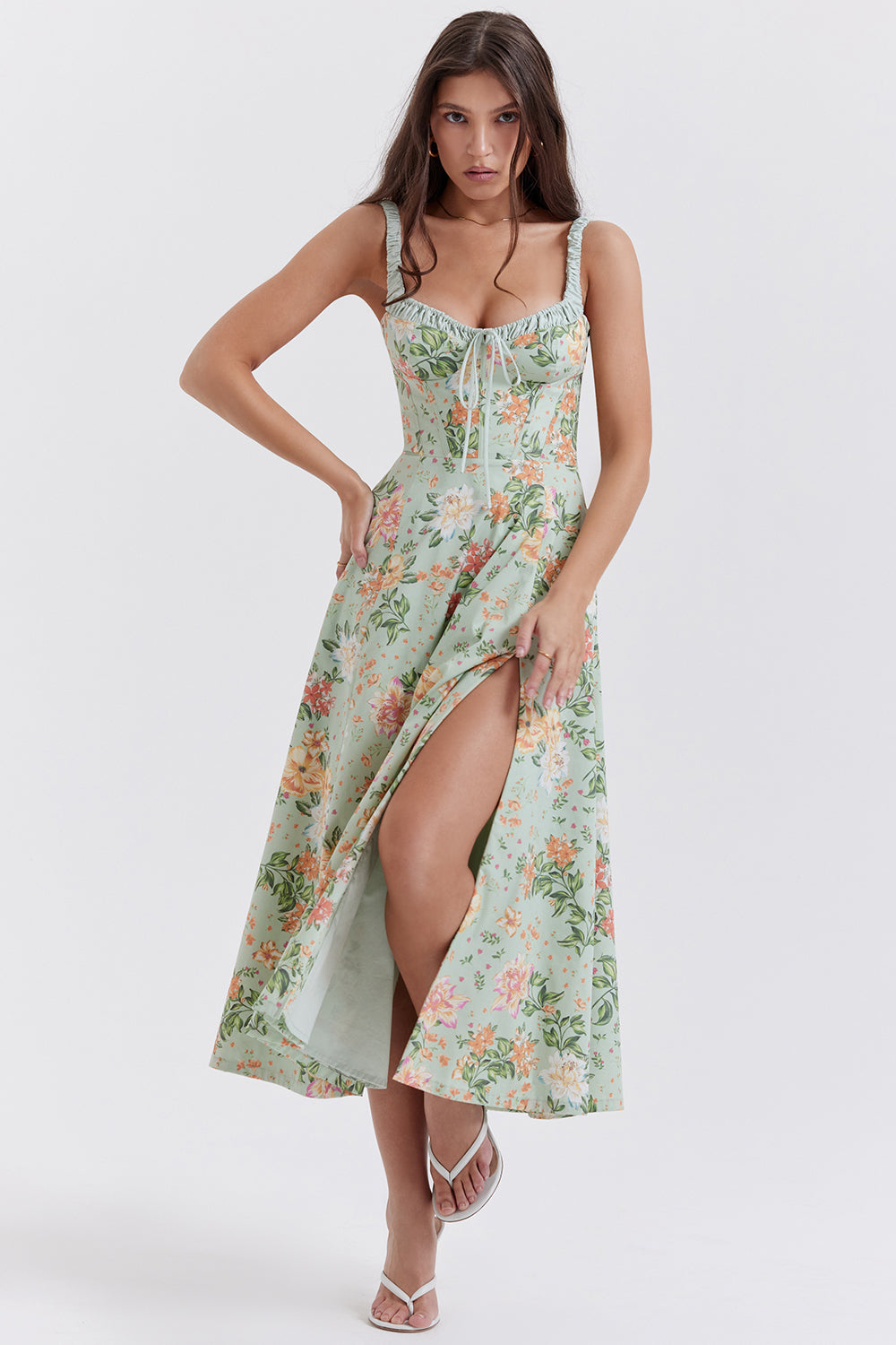 Sabrina | Floral Split Midi Dress – Romantic Spring Stretch Sundress