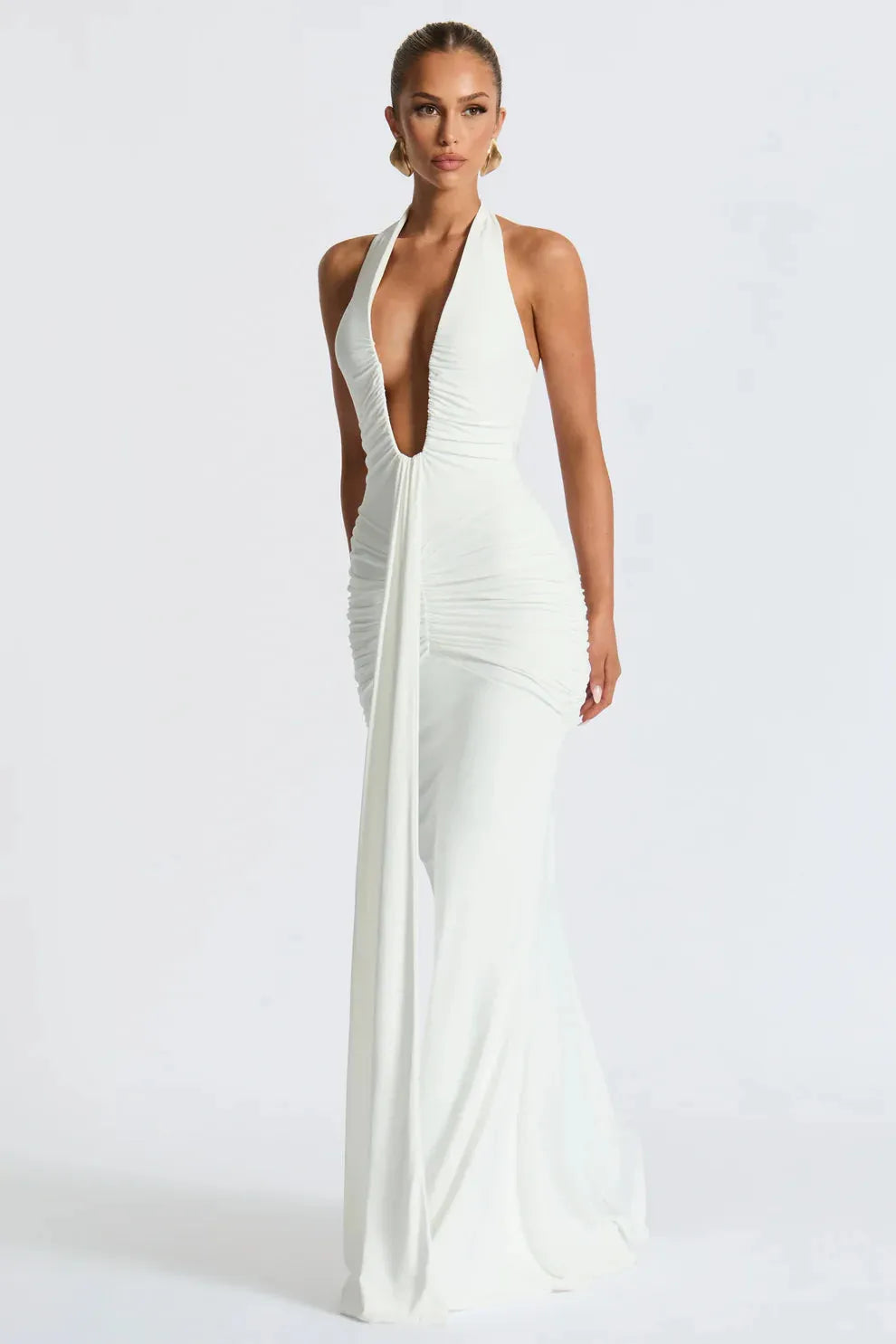 Bernadette | Plunging U-Wire Halter Draped Jersey Maxi Dress