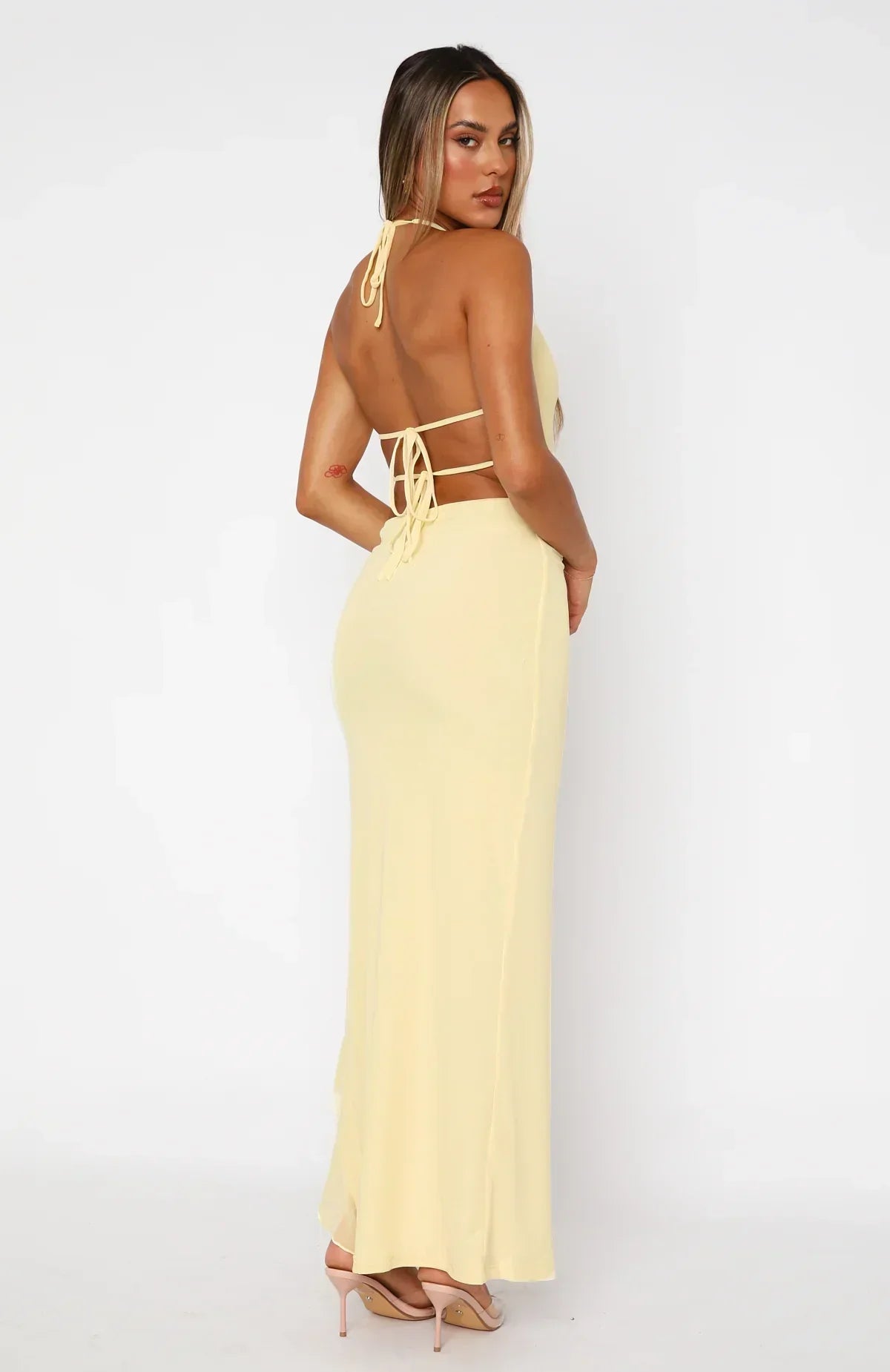 Heat | Plunge Neckline  Ruffled Thigh-High Slit Maxi Dress